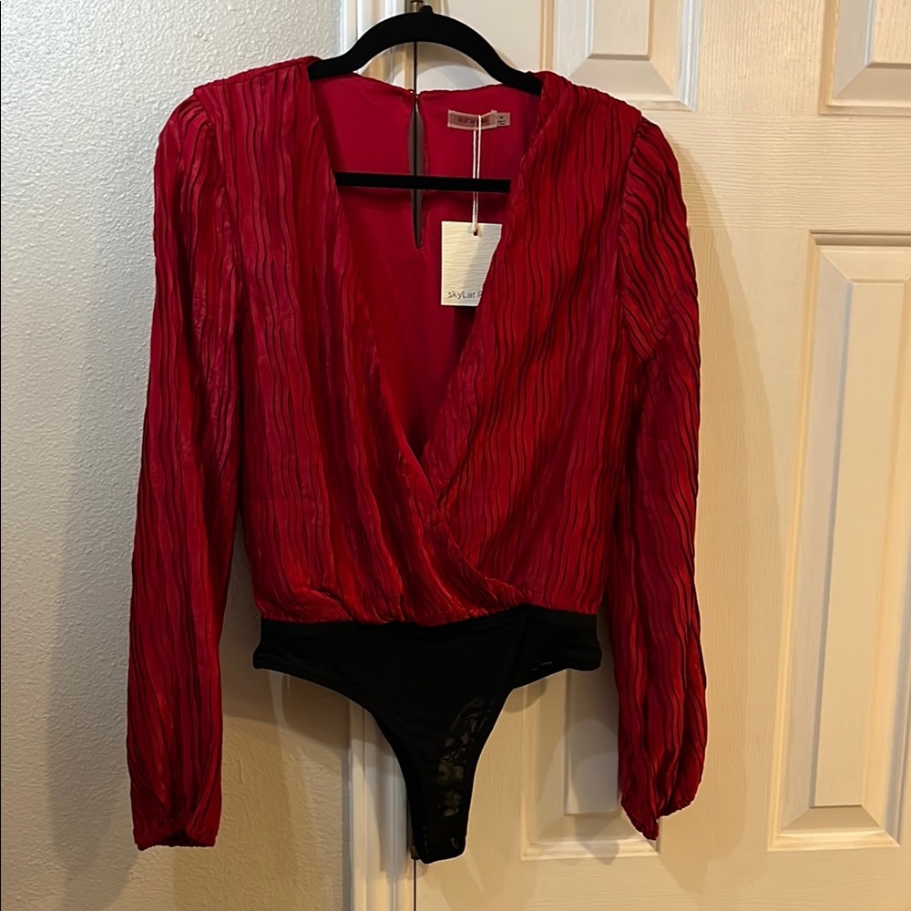 Red Pleated Wrap Long Sleeve Bodysuit